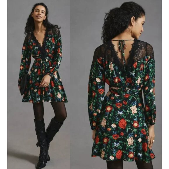 Anthropologie Dresses & Skirts - BY ANTHROPOLOGIE Lacy V-Neck Mini Dress Floral Dark Romantic Lace Size US 4 NWT